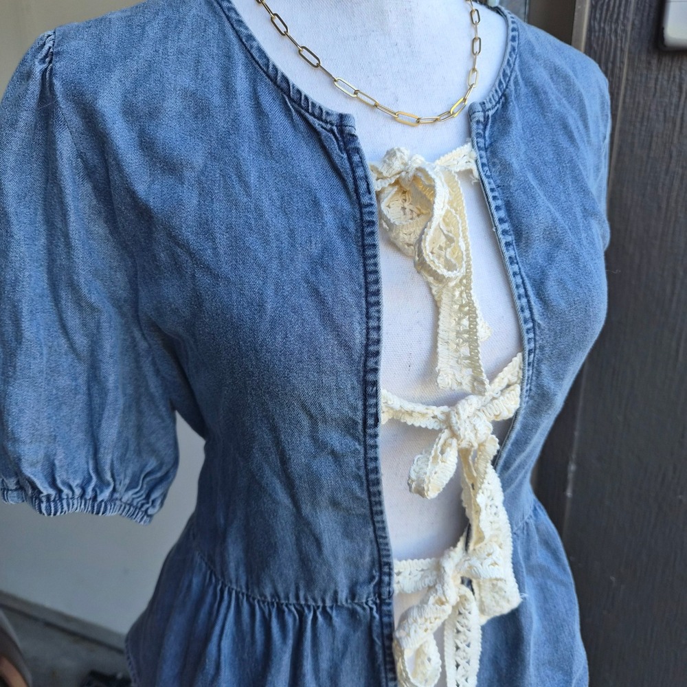 Wstern Denim Tie Front Top Womens Medium Coquette Cottagecore Boho Chic Country - Picture 3 of 8